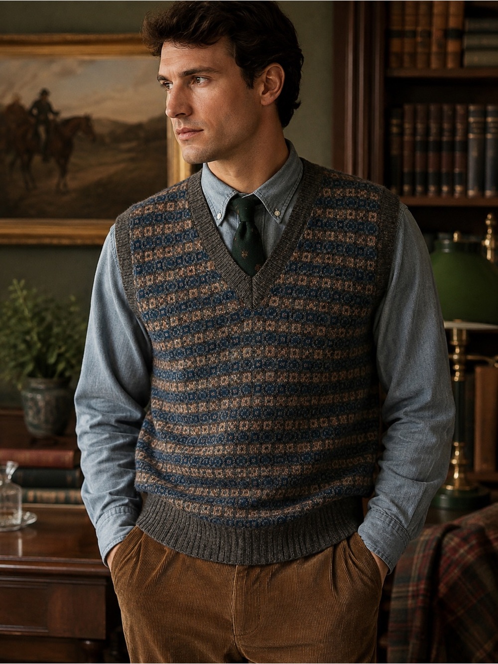 Vintage 80’s Ralph Lauren Shetland Wool Fair Isle Sweater Vest Mens L Gray Blue